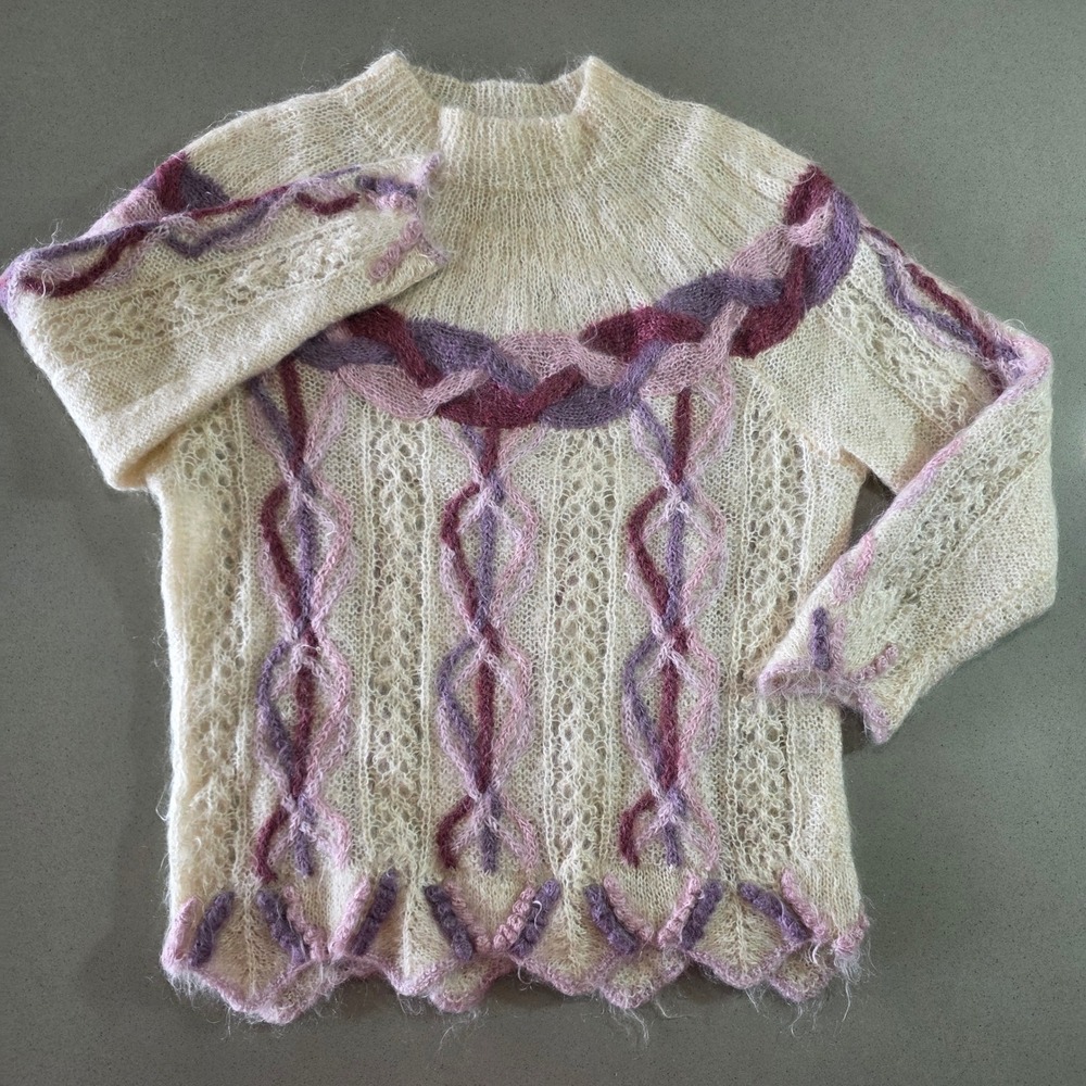 Rebecca Stone Hand Knitted Mohair Blend Sweater Cream Purple Pink Small